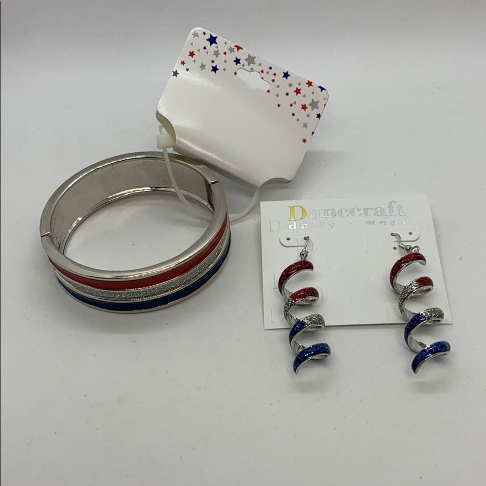Red, Blue, & Silver Bangle Bracelet with Matching Pierced Spiral Earrings NWT